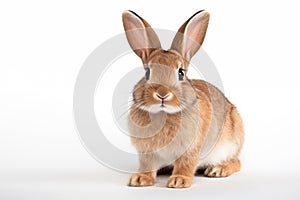 Curious Light Brown Rabbit Looking at Camera sitting on White Background. isolated. Generative Ai.
