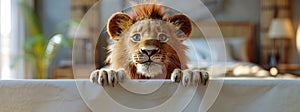 Curious Lion Cub in a Cozy Bedroom photo