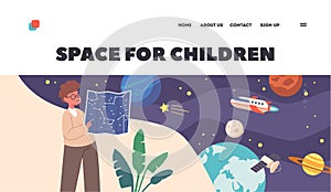 Curious Little Child Space Observation Landing Page Template. Astronomy Science, Kids Education, Hobby, Studying