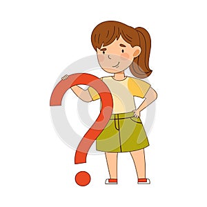 Curious Little Girl with Ponytail Holding Question Mark Wondering Vector Illustration