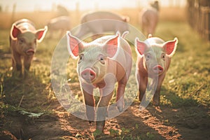 Curious little pigs on a farm looks into the camera. Lots of cute piglets on the walk. Cute farm animal, Domestic livestock.