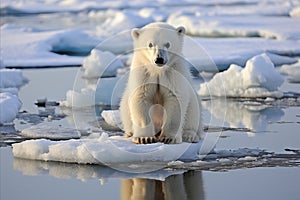 Curious Little Polar Bear Standing in Cold Arctic Waters, Gazing Innocently into the Camera Lens