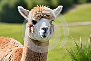 Curious llama or alpaca with brown and white fur standing in a green field, close-up view