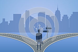 Businessman standing on the crossroad and chooses way. Concept of choice the best solution for future or busines. Vector