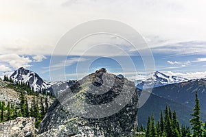 Curious marmot looking out to the Overlord Glacier lookout point near Whistler in Canada