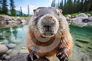 A curious marmot looks directly at the camera in the mountains. Generated by artificial intelligence