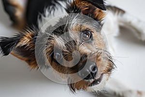 Curious Mixed Breed Dog Posing for a Close-Up Portrait Against a White Background