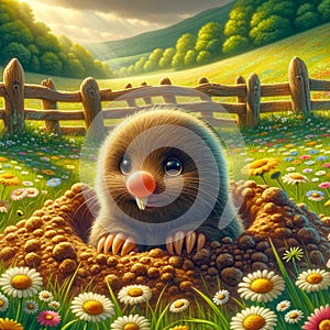 Curious Mole in Meadow, Whimsical Fluffy Molehill Scene