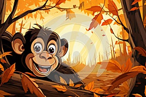 Curious monkey behind tree in autumn forest with vibrant leaves