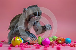 Curious Monkey Playing with Colorful Toys on Pink Background Primate Interaction and Playfulness Captured
