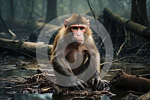 A curious monkey is standing in a body of water with a camera around its neck