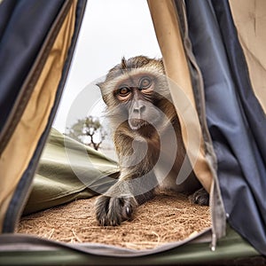 Curious monkey stands at the entrance of a tent, peeking out into the surrounding area, an unusual angle,