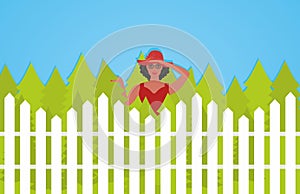 Curious neighbor looks over the fence. Vector illustration.