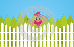 Curious neighbor looks over the fence. Vector illustration.