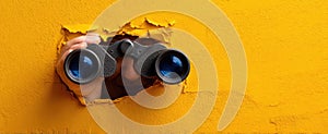 The Curious Observer Peering Through a Hole with Binoculars on a Yellow Wall AI generated image