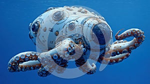 Curious Octopus Gently Interacts With Futuristic Deep-Sea Mining Robot in Clear Open Water