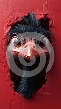 Curious ostrich peeking through red wall hole