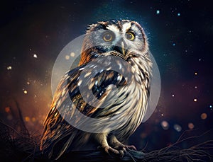 A curious owl hooting softly in the night sky. AI generation