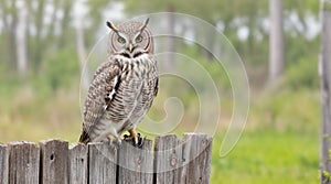 Curious owl perched on a weathered fence post.