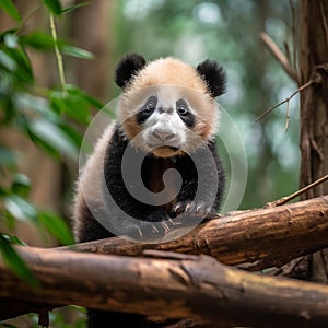 Curious Panda Cub Climbing Bamboo Tree in Lush Forest