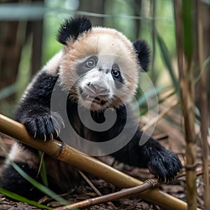 Curious Panda Cub Climbing Bamboo Tree in Lush Forest