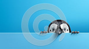 Curious Penguin Peeks Around a Corner Against a Blue Background AI Generated