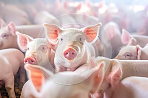 Curious pigs in pig breeding farm in swine business in tidy and clean indoor housing farm.