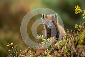 Curious Pine Marten Peeking Through Wild Vegetation