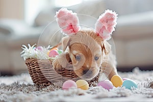curious puppy discovering an Easter basket filled with colorful eggs, Generative AI