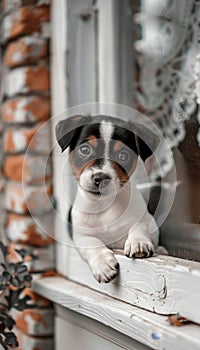 Curious puppy with paws up peeking over white wooden background, cute dog peeking with copy space