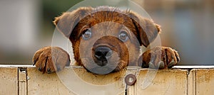 Curious puppy with paws up on white wood, cute dog peeking over blurred background with copy space