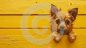 Curious puppy peeking over yellow wooden backdrop, creating a cute scene with space for text.