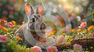Curious rabbit in field with easter eggs