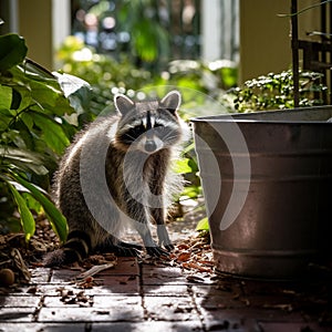 Curious Raccoon Explores Trash Can in Lush Backyard