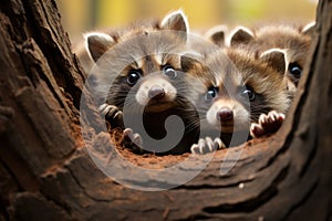 Curious raccoon kids peering out of a tree hole exploring the world around them with playful enthusiasm, baby animals in the wild