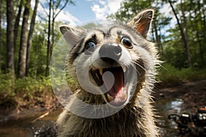 Curious raccoon looking at the camera with a surprised expression, showing amazement and wonder