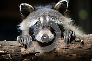 Curious raccoon looking surprised in natural forest habitat, adorable wildlife photography