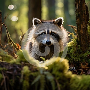 Curious Raccoon Peeking from Mossy Tree Trunk in Serene Forest