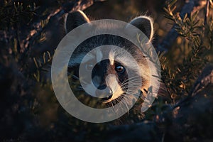 Curious raccoon peeking out from forest shrubs at dusk