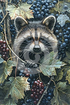 Curious Raccoon Peering Through Grapevines in Lush Forest Setting Detailed Wildlife Art Illustration