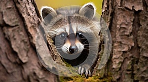 A curious raccoon peering out from behind a tree trunk