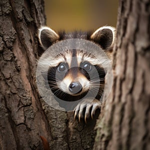 A curious raccoon peering out from behind a tree trunk