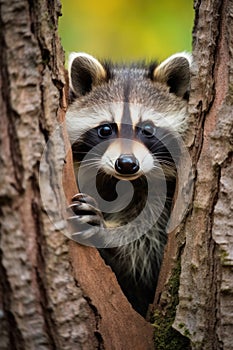 A curious raccoon peering out from behind a tree trunk