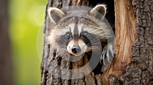 A curious raccoon peering out from behind a tree trunk