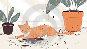 Curious red cat amidst scattered potting soil from a plant pot on the white rug. A funny kitten creating a mess. Concept