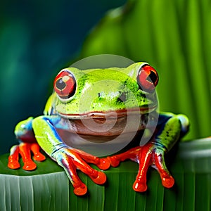Curious Red-eyed Tree Frog: Hidden in Green Background Leafs