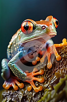 Curious red eyed tree frog hiding in green background leaves macro treefrog animal looking in tropical jungle