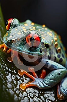 Curious red eyed tree frog hiding in green background leaves macro treefrog animal looking in tropical jungle