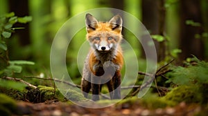 Curious red fox in forest clearing closeup