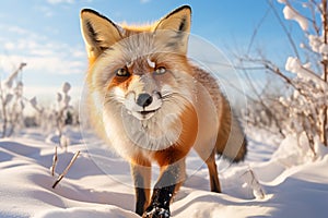 curious red fox in the snowy field on a sunny winter day